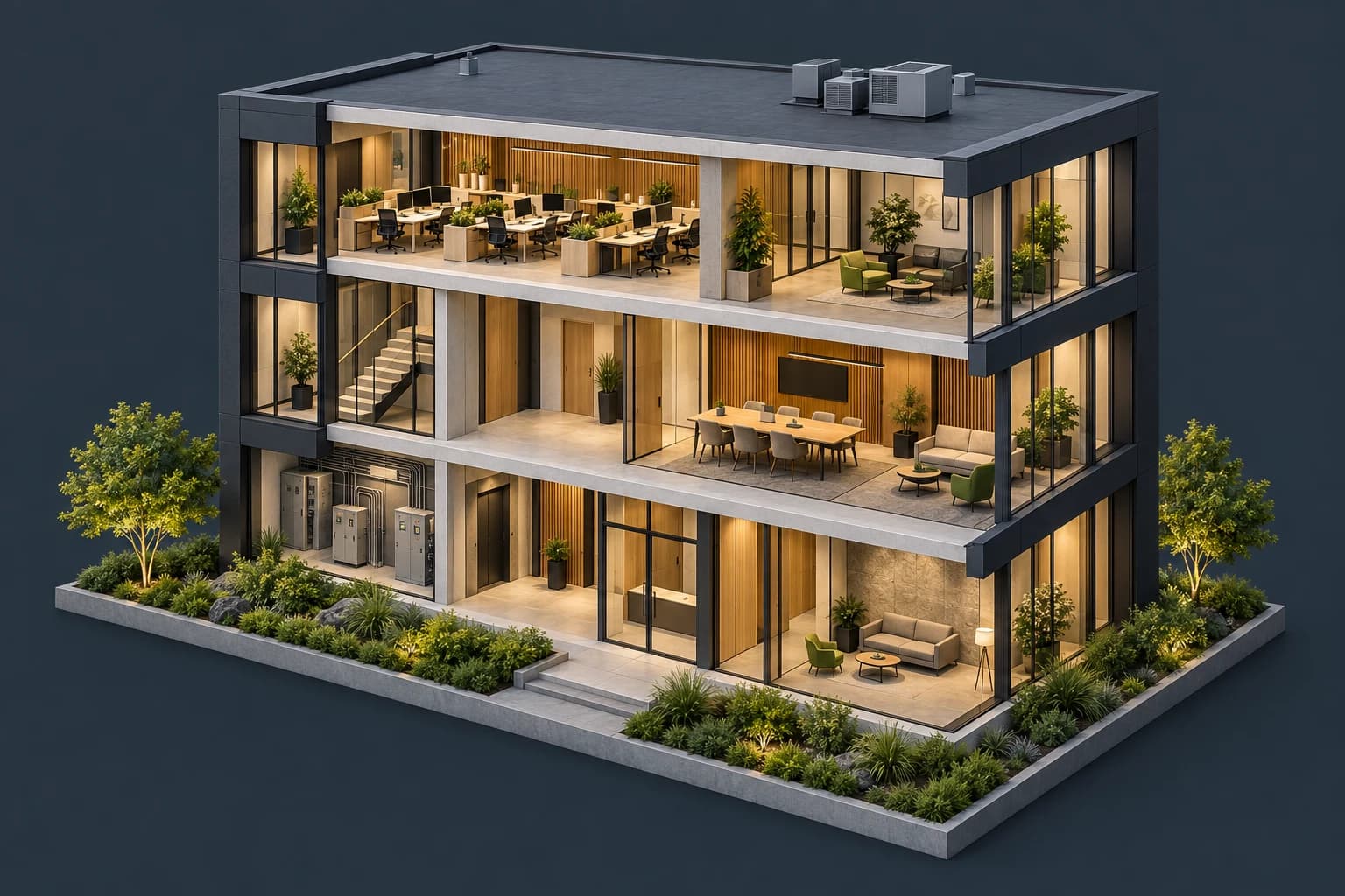 Architectural cutaway of a connected building, showing workspaces, meeting rooms and a utility room